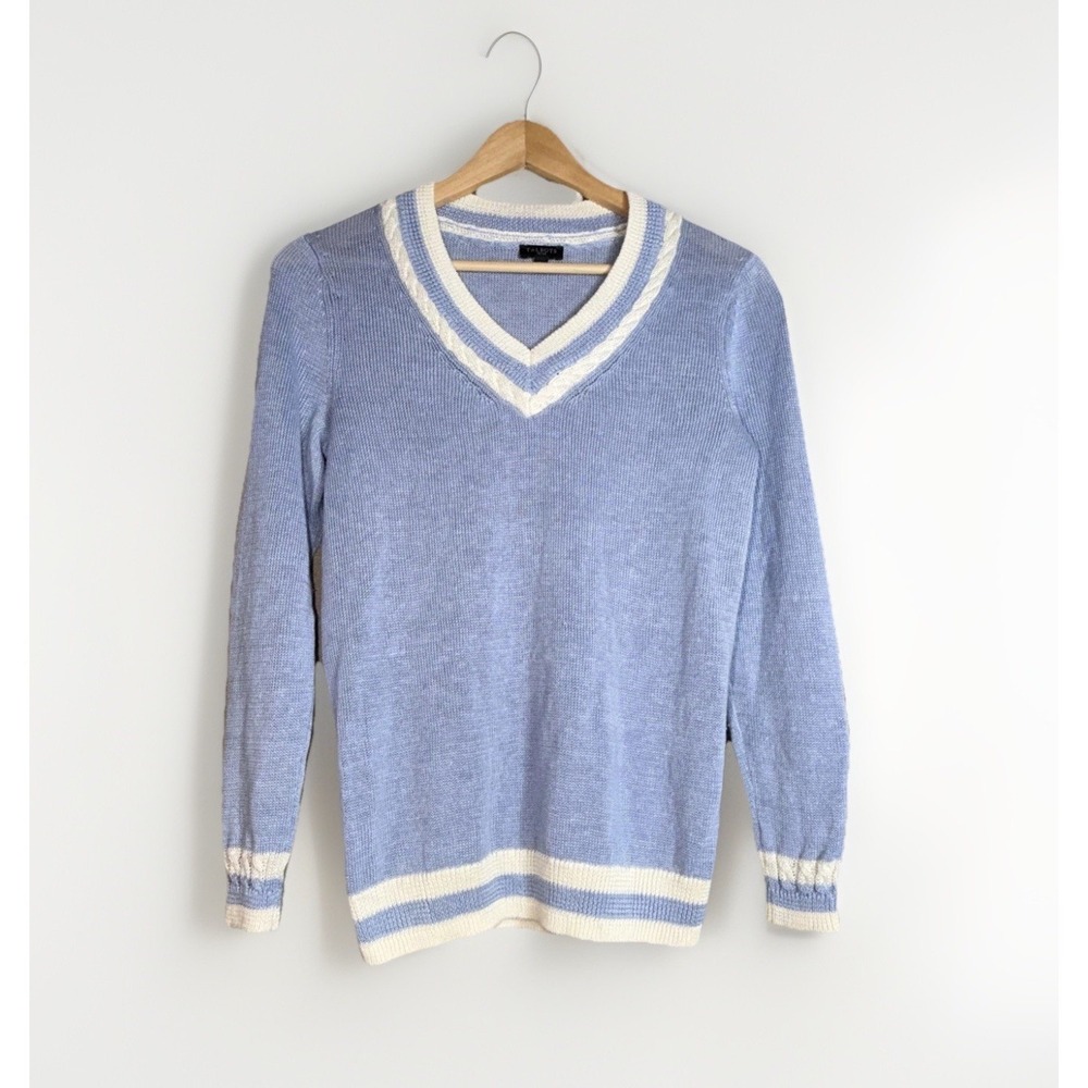 Talbots 100% Linen Sweater Size P 0/2 Blue VNeck Tennis Pullover Preppy Academia